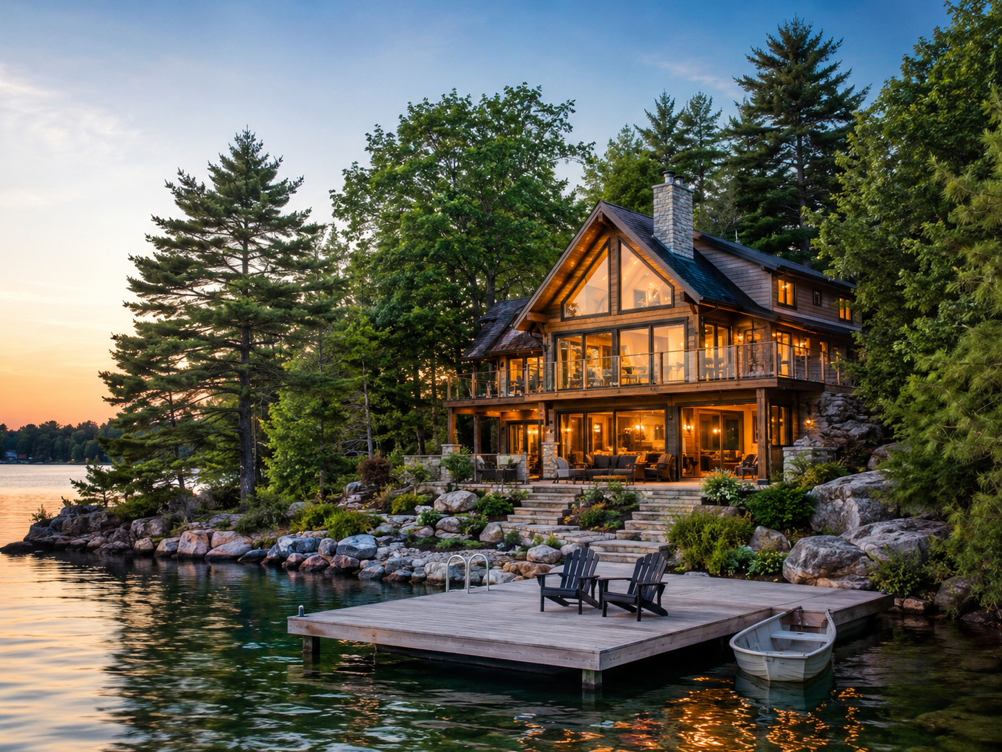 Luxury private lakeside cabin at dusk