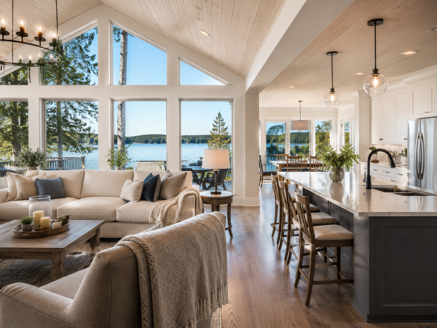 Modern lakeside private rental living room and kitchen