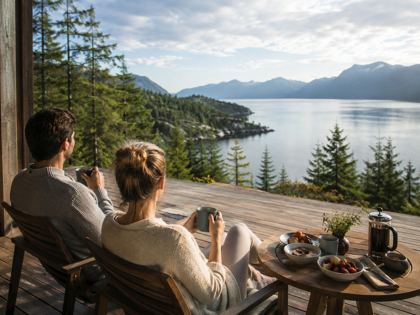 Couple enjoying morning coffee on a private deck overlooking a lake